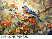 A brightly colored bird with blue and orange feathers perched on a branch among dense foliage and berries. The bird, probably a tit or bluebird, stands out for its rich colors. The branch on which the bird sits is covered with yellow-orange and blue berries, which create a contrast with its plumage. The background depicts a natural landscape with blurred elements, which gives the scene a softness and harmony. The overall atmosphere of the painting is calm and picturesque, emphasizing the beauty of nature and its inhabitants. Стоковое AI-изображение, AI-художник Анна Кривицкая / Фотобанк Лори
