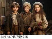 Three children, two boys and one girl, dressed in vintage clothes. They stand together in front of a wooden structure, probably a cabin or a barn, and look straight at the camera. Their clothes look slightly shabby and old, which creates a sense of a bygone era. The girl holds a small bouquet of dried herbs and red berries. All the children look serious and thoughtful, but their faces retain a softness and childlike innocence. The background of the scene is dark, which emphasizes the contrast with the soft tones of their clothes and faces. Стоковое AI-изображение, AI-художник Анна Кривицкая / Фотобанк Лори