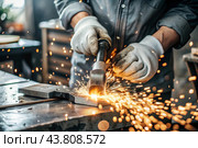 Work at the factory. Working professions. Men's hands in protective gloves with metal. There are sparks around. Hard work that requires high concentration and professionalism. Стоковое AI-изображение, AI-художник Photojuli / Фотобанк Лори