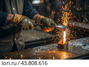 Work at the factory. Working professions. Men's hands in protective gloves with metal. There are sparks around. Hard work that requires high concentration and professionalism. Стоковое AI-изображение, AI-художник Photojuli / Фотобанк Лори