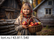 The concept of the Russian Orthodox holiday Yablochny Spas. A beautiful girl in Russian national clothes with a basket of red ripe apples on the background of an Orthodox church. Стоковое AI-изображение, AI-художник Photojuli / Фотобанк Лори