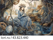 A girl in a blue dress and hat, sitting on the bank of a stream in the forest and reading a book. She is surrounded by a fairy-tale landscape: branchy trees, exotic plants, calm water of the stream and various small details that give the scene a magical shade. In the foreground, two birds are visible sitting on branches, as well as large glowing fruits and other fantastic elements of nature. The forest is illuminated with soft light, creating an atmosphere of calm and privacy. The overall style of the image resembles a watercolor illustration with detailed elements and delicate shades. Стоковое AI-изображение, AI-художник Анна Кривицкая / Фотобанк Лори