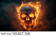 In a darkly illuminated room, a skull is enveloped by swirling flames and billowing smoke. Стоковое AI-изображение, AI-художник Юрий Поздников / Фотобанк Лори