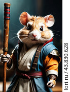 Wise hamster and wooden walking stick. Generative AI. Стоковое AI-изображение, AI-художник Ильин Сергей / Фотобанк Лори