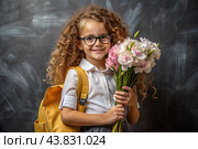 A sweet, beautiful first-grader girl with glasses. In the hands of a bouquet of flowers. The child goes to school for the first time. A child with a backpack, a book and flowers. Back to school. Стоковое AI-изображение, AI-художник Photojuli / Фотобанк Лори