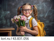 A sweet, beautiful first-grader girl with glasses. In the hands of a bouquet of flowers. The child goes to school for the first time. A child with a backpack, a book and flowers. Back to school. Стоковое AI-изображение, AI-художник Photojuli / Фотобанк Лори