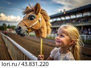 Hobbyhorsing. A new kind of sport. A stick with a horse's head to simulate a horse race. A girl at a horse racing stadium. Стоковое AI-изображение, AI-художник Photojuli / Фотобанк Лори