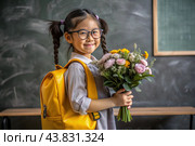 A first-grader Asian girl with glasses at the blackboard. The girl has flowers in her hands. The child goes to school for the first time. A child with a backpack, a book and flowers. Back to school. Стоковое AI-изображение, AI-художник Photojuli / Фотобанк Лори