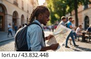 A happy African American female tourist in a hat and sunglasses with a backpack, studying a map in a historic European city. Стоковое AI-изображение, AI-художник Tatiana Syrtseva / Фотобанк Лори