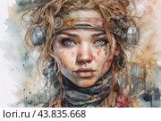 A portrait of a young woman in a watercolor style, with elements of a post-apocalyptic aesthetic. She has light, slightly tousled hair, held back with a headband with large glasses or goggles placed on her forehead. Her face has traces of dirt and war paint, which adds to the image of severity and determination. The woman has bright, piercing eyes and delicate facial features. She is dressed in multi-layered clothing with a scarf around her neck, which also appears dirty. The background is done in soft watercolor brushstrokes, with a predominance of neutral and pastel colors, which creates a contrast with the sharper and more detailed image of the woman. Стоковое AI-изображение, AI-художник Анна Кривицкая / Фотобанк Лори