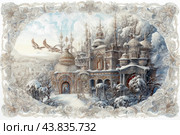 A fairytale winter castle decorated with rich ornaments and patterns. The castle is located on a snowy hill surrounded by snow-covered trees. Two large birds fly in the sky above the castle, adding dynamism and liveliness to the scene. The architecture of the castle is reminiscent of Russian Orthodox cathedrals with domes and intricate details. The entire scene is framed by exquisite decorative elements that give the impression that this is an illustration from a fairy tale. The landscape around the castle includes distant mountains and snow-covered villages, creating the atmosphere of a winter fairy tale. Стоковое AI-изображение, AI-художник Анна Кривицкая / Фотобанк Лори