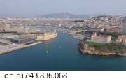 View from drone to Mediterranean seascape with yachts in marina of Marseille. France. Стоковое видео, видеограф Яков Филимонов / Фотобанк Лори