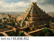 Ancient mesopotamian ziggurat in a mythical cityscape. Стоковое AI-изображение, AI-художник Иван Рябоконь / Фотобанк Лори