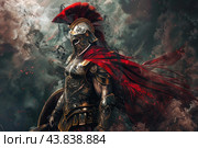 Ancient warrior in battle armor with red cloak. Стоковое AI-изображение, AI-художник Иван Рябоконь / Фотобанк Лори