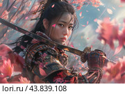 Warrior woman amidst sakura blossoms. Стоковое AI-изображение, AI-художник Иван Рябоконь / Фотобанк Лори