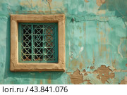 Vintage gridded window on weathered blue wall. Стоковое AI-изображение, AI-художник Иван Рябоконь / Фотобанк Лори