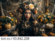 The concept of the Halloween holiday. Horror. A costume party. A beautiful woman in a witch costume. Banner, postcard. Стоковое AI-изображение, AI-художник Photojuli / Фотобанк Лори