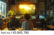 A Curious Child Observing Beautiful Sunset Outside Through Large Window Amidst Lush Indoor Plants in Cozy Room. Стоковое AI-изображение, AI-художник Сергей Толмачёв / Фотобанк Лори