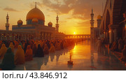 Sunset Prayers at a Grand Mosque With Worshippers Gathered in a Serene Atmosphere. Стоковое AI-изображение, AI-художник Сергей Толмачёв / Фотобанк Лори