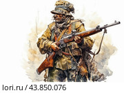 A soldier standing with a rifle in his hands. He is dressed in a winter military uniform with many pockets and belts, indicating his readiness for combat in cold climates. The soldier's face is covered with a beard, which adds a sense of severity and experience. On his head he has a hat, and on his shoulders are visible straps for carrying ammunition and other equipment. The rifle he is holding looks like an old weapon with a long barrel and a wooden butt. The background of the picture is made in light, washed-out colors, emphasizing the main character of the image. Стоковое AI-изображение, AI-художник Анна Кривицкая / Фотобанк Лори