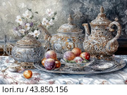 A luxurious still life with exquisite dishes and fruit. In the center of the composition are several patterned teapots and boxes in the Baroque style. The dishes are decorated with complex relief ornaments and gold inlay. In the foreground lies a large plate of fruit, among which plums and peaches of different shades stand out. In the background is a bouquet of flowers in a vase, which adds tenderness and natural charm to the composition. The table is covered with a white tablecloth with a floral pattern, harmoniously complementing the overall aesthetic appearance of the image. Стоковое AI-изображение, AI-художник Анна Кривицкая / Фотобанк Лори