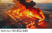 Terrifying view of fire in large building from a bird's eye view. Стоковое AI-видео, аниматор Юрий Поздников / Фотобанк Лори