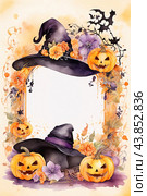 Autumn poster made of pumpkins, hats and Halloween attributes with copy space. Стоковое AI-изображение, AI-художник Мария Мороз / Фотобанк Лори