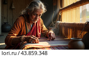Traditional Indian weaver crafting on handloom in village settingries. Стоковое AI-изображение, AI-художник Анна Маркина / Фотобанк Лори
