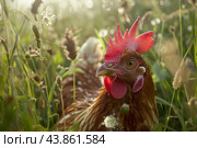 Free range chicken relaxing in the grass on a farm at sunset. Стоковое AI-изображение, AI-художник Иван Рябоконь / Фотобанк Лори