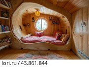 Cozy alcove bed built into wooden wall with round window illuminating playful interior design. Стоковое AI-изображение, AI-художник Иван Рябоконь / Фотобанк Лори