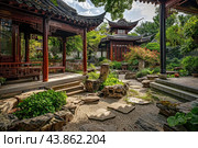 Traditional chinese wooden gazebos standing in a tranquil garden. Стоковое AI-изображение, AI-художник Иван Рябоконь / Фотобанк Лори