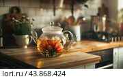 A Beautiful Glass Teapot With Colorful Flowers Steeping on a Wooden Kitchen Counter in the Morning Light. Стоковое AI-изображение, AI-художник Сергей Толмачёв / Фотобанк Лори