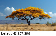 Majestic Golden-Leafed Tree Standing Alone on Scenic Hillside Under Bright Blue Sky. Стоковое AI-изображение, AI-художник Сергей Толмачёв / Фотобанк Лори