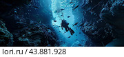 Scuba diver in an aquatic fairy-tale landscape with a variety of fish swimming in a bright blue underwater world. Стоковое AI-изображение, AI-художник Ярославский Максим / Фотобанк Лори