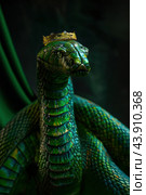 Regal snake king in crown, zodiac symbol of chinese new year. Astrology banner, holiday card invitation, horoscope illustration, mystical advertising talisman for successful big sales. Стоковое AI-изображение, AI-художник Ольга Яковенко / Фотобанк Лори