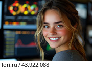 Улыбающаяся веселая девушка работает за компьютером в офисе. Стоковое AI-изображение, AI-художник Щеголева Ольга / Фотобанк Лори