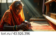 Traditional Indian weaver crafting on handloom in village settingries. Стоковое AI-изображение, AI-художник Анна Маркина / Фотобанк Лори