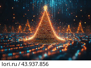 Виртуальная праздничная ель сияет разноцветными огнями, Новый год и Рождество в киберпространстве. Стоковое AI-изображение, AI-художник Щеголева Ольга / Фотобанк Лори
