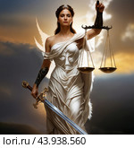Incorruptible Themis, goddess of justice and inevitable retribution. Стоковое AI-изображение, AI-художник RamA / Фотобанк Лори