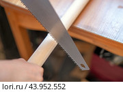Handcrafted wooden saw with hardened teeth rests against a rustic backdrop, symbolizing the harmony between nature and craftsmanship. It embodies tradition and the art of woodworking. Стоковое фото, фотограф Татьяна Степанищева / Фотобанк Лори