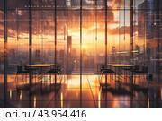 A view of a beautiful sunset in the city from a huge office panoramic village in a skyscraper. Стоковое AI-изображение, AI-художник Ярославский Максим / Фотобанк Лори