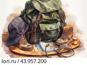 Сборы в поход, туристический рюкзак и другое снаряжение. Акварельный рисунок. Стоковое AI-изображение, AI-художник Щеголева Ольга / Фотобанк Лори