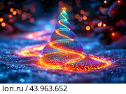 Чудесная новогодняя ель сияет разноцветными огнями, Новый год и Рождество в виртуальной реальности. Стоковое AI-изображение, AI-художник Щеголева Ольга / Фотобанк Лори