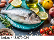 Delicious and healthy fish. Raw dorado with lemon and ingredients on a dark background. Banner, menu, place for recipe text, top view. Стоковое AI-изображение, AI-художник Photojuli / Фотобанк Лори