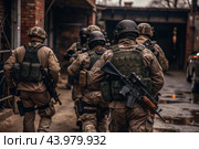 War. Military actions. Soldiers of the elite anti-terrorist unit of the army among the broken buildings. Clearing the territory from the enemy. Стоковое AI-изображение, AI-художник Photojuli / Фотобанк Лори