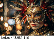 The Venetian Carnival. Close-up of a woman in an ornate carnival mask. Bright colors convey an atmosphere of celebration and luxury. Стоковое AI-изображение, AI-художник Photojuli / Фотобанк Лори