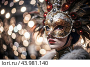 The Venetian Carnival. Close-up of a woman in an ornate carnival mask. Bright colors convey an atmosphere of celebration and luxury. Стоковое AI-изображение, AI-художник Photojuli / Фотобанк Лори
