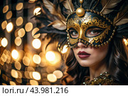 The Venetian Carnival. Close-up of a woman in an ornate carnival mask. Bright colors convey an atmosphere of celebration and luxury. Стоковое AI-изображение, AI-художник Photojuli / Фотобанк Лори