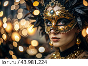 The Venetian Carnival. Close-up of a woman in an ornate carnival mask. Bright colors convey an atmosphere of celebration and luxury. Стоковое AI-изображение, AI-художник Photojuli / Фотобанк Лори