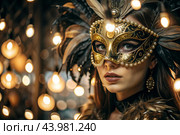 The Venetian Carnival. Close-up of a woman in an ornate carnival mask. Bright colors convey an atmosphere of celebration and luxury. Стоковое AI-изображение, AI-художник Photojuli / Фотобанк Лори